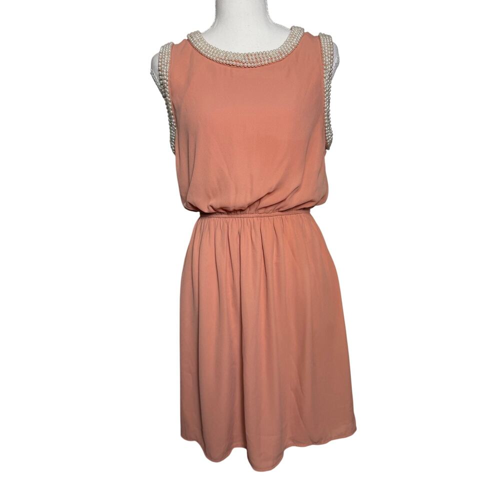 Alythea Coral Peach Pearl Beaded Sleeveless Fit & Flare Dress